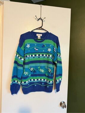 Vintage Talbots blue green striped cotton ramie striped fish embroidered sweater
